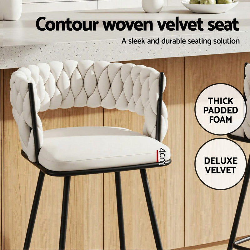 Artiss 2x Bar Stools Kitchen Dining Chair Counter Stool Woven Velvet Metal Ivory
