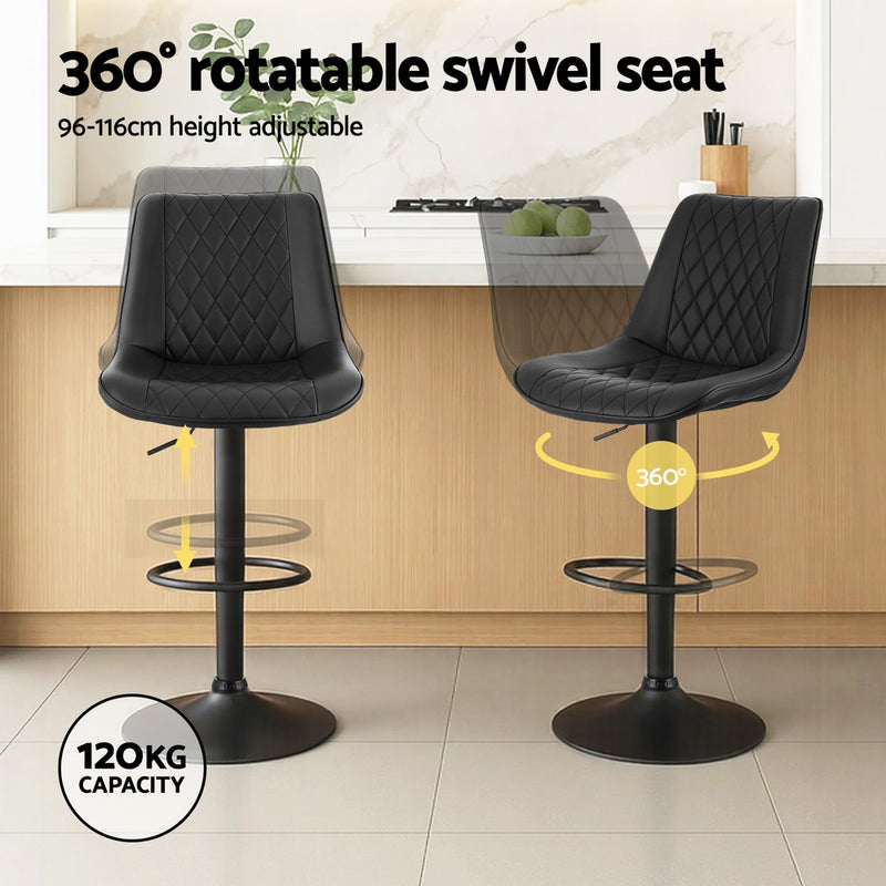 Artiss 2x Bar Stools Kitchen Swivel Gas Lift Counter Chair Diamond Leather Black