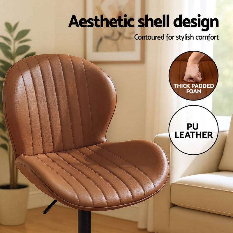 Artiss 2x Bar Stools Kitchen Swivel Gas Lift Counter Chair Shell Leather Brown