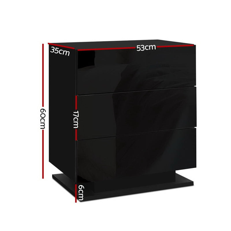 Artiss 2x Bedside Table LED 3 Drawers - MORI Black