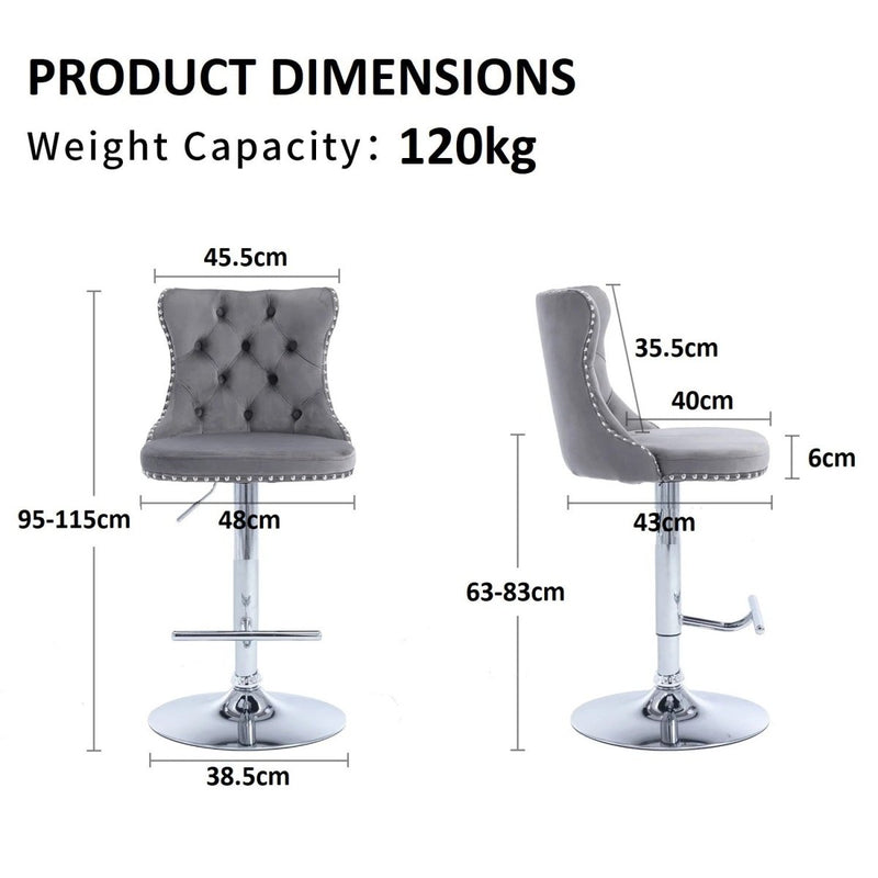 SERENITà Gray Velvet Bar Stools Adjustable Swivel Counter Height Chairs with Tufted Back and Nailhead Trim for Kitchen Island Pub Restaurant (2Pcs, Chrome Metal, Grey)