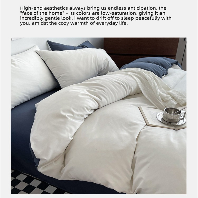 Dark gray matcha Washed Cotton Bedding Set - Solid Color Fitted Sheet Style, 4-Piece Set for 1.8m Bed, Includes 10 Random Color Quilt Fasteners
