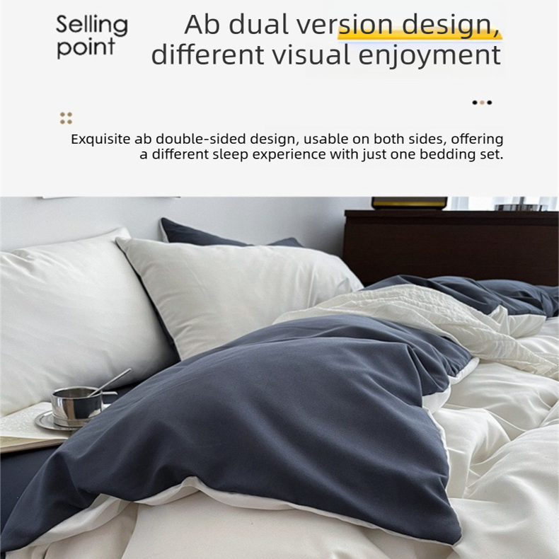 Dark gray and light gray Washed Cotton Bedding Set - Solid Color Fitted Sheet Style, 4-Piece Set for 1.8m Bed, Includes 10 Random Color Quilt Fasteners